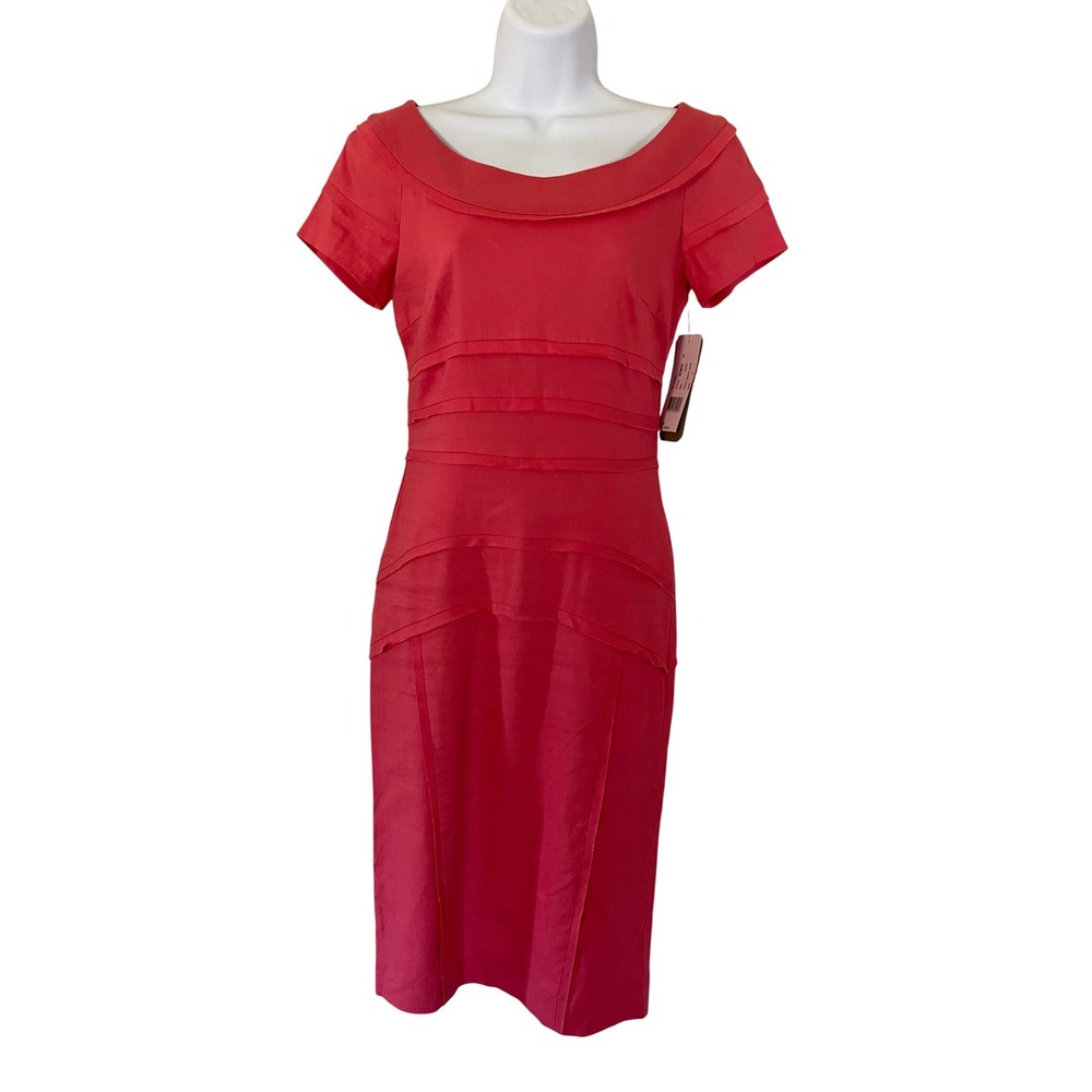 Artelier Nicole Miller Coral Pink Linen Blend Tiered Pencil Dress BJ10014‎ NEW